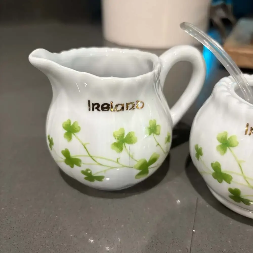 Vintage Ireland Shamrock Pattern Porcelain Creamer and Sugar Bowl Set